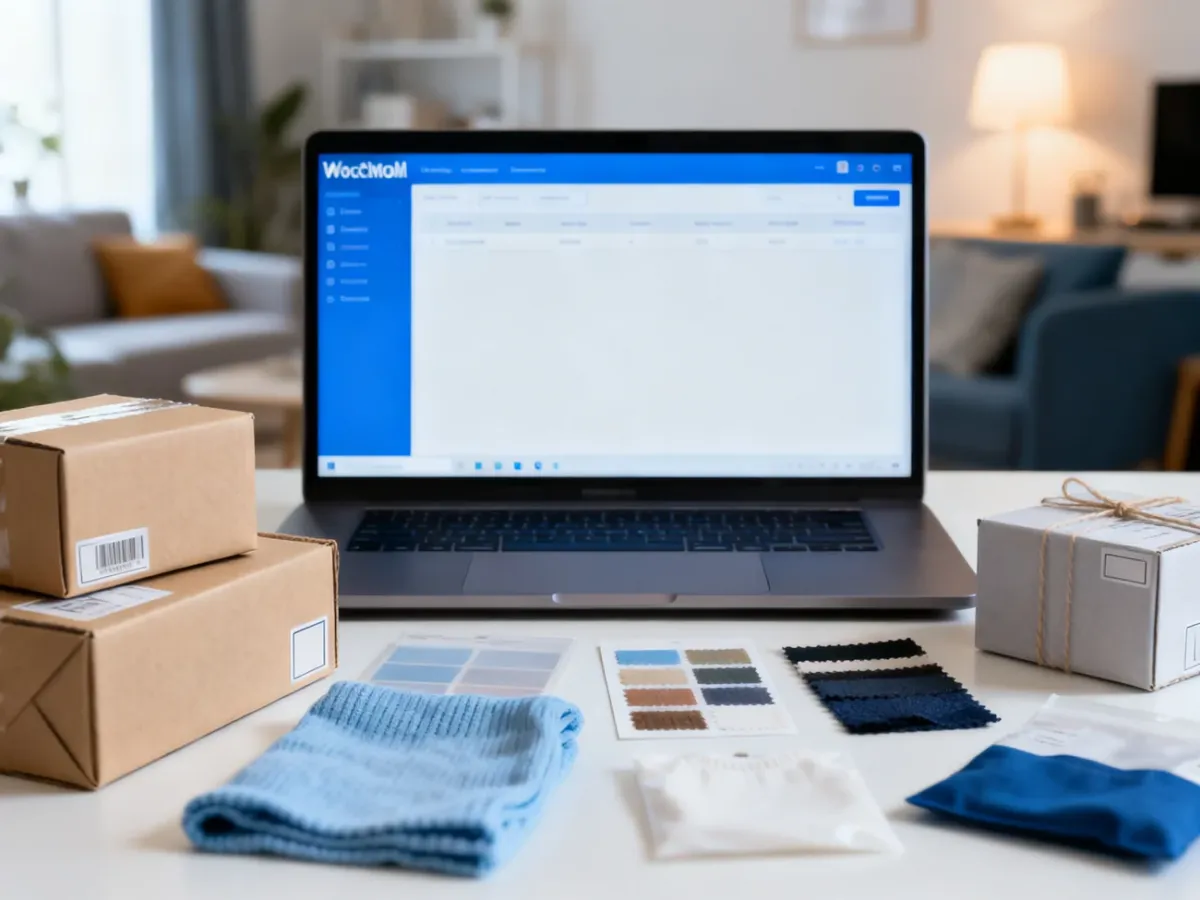 Laptop with a product management dashboard and packages in a home office