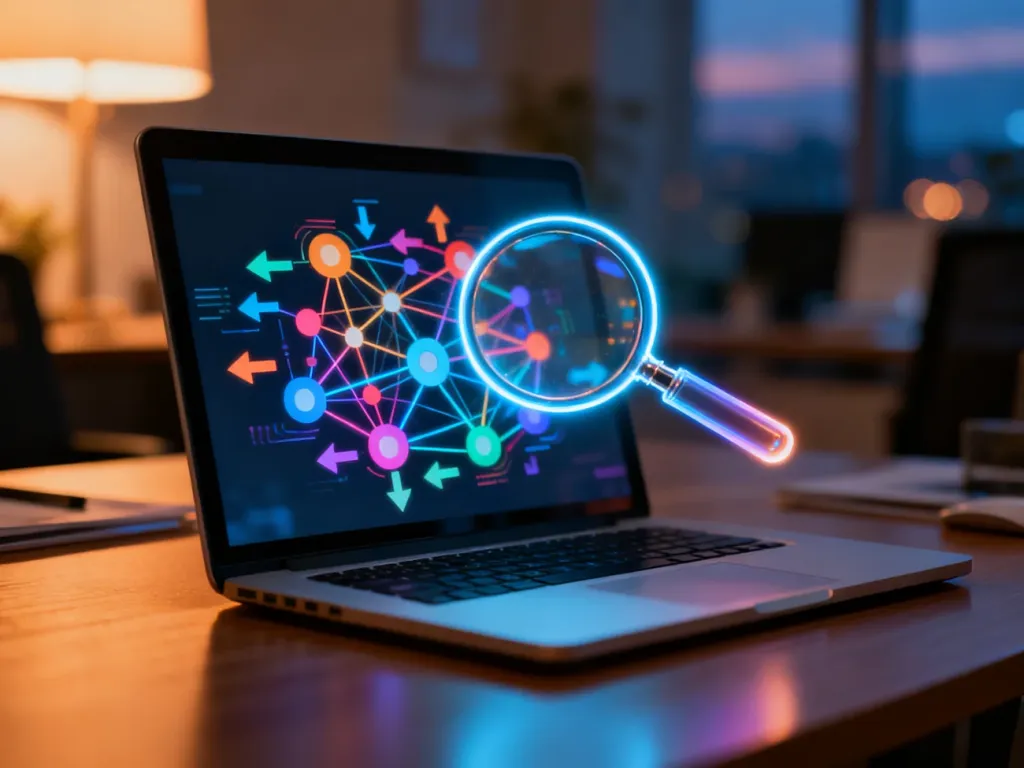 Podświetlana lupa nad ekranem laptopa z wizualizacją sieci połączeń, symbolizująca precyzyjne targetowanie w remarketingu.