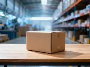 Pudełko wysyłkowe na stole w nowoczesnym magazynie, symbolizujące logistykę w dropshippingu.