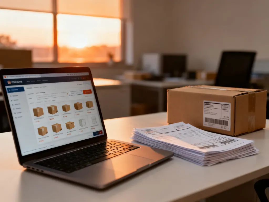 Nowoczesne stanowisko pracy z laptopem, fakturami i paczką, ilustrujące proces zarządzania zamówieniami w dropshippingu.