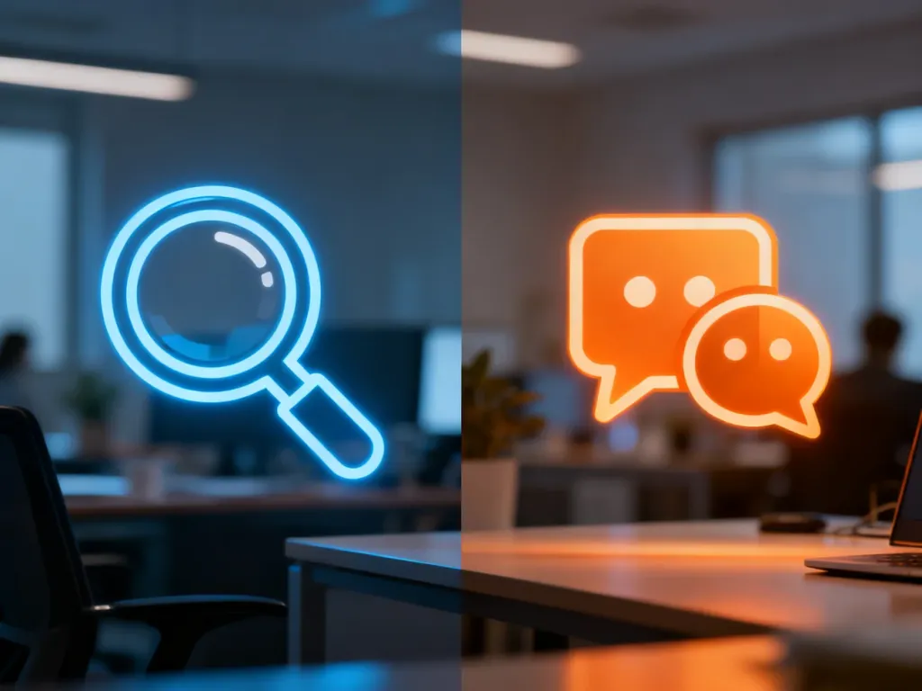 Porównanie Google Ads i Facebook Ads: ikona wyszukiwania po lewej oraz ikona mediów społecznościowych po prawej stronie.