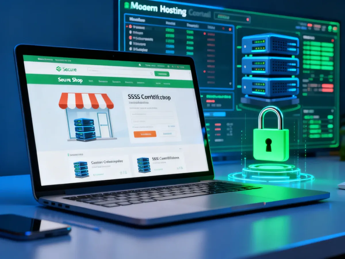 Laptop displaying a secure online shop beside a hosting server and padlock symbol