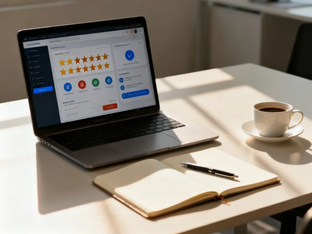 Nowoczesne stanowisko pracy z laptopem wyświetlającym panel e-commerce z ocenami klientów i opiniami.
