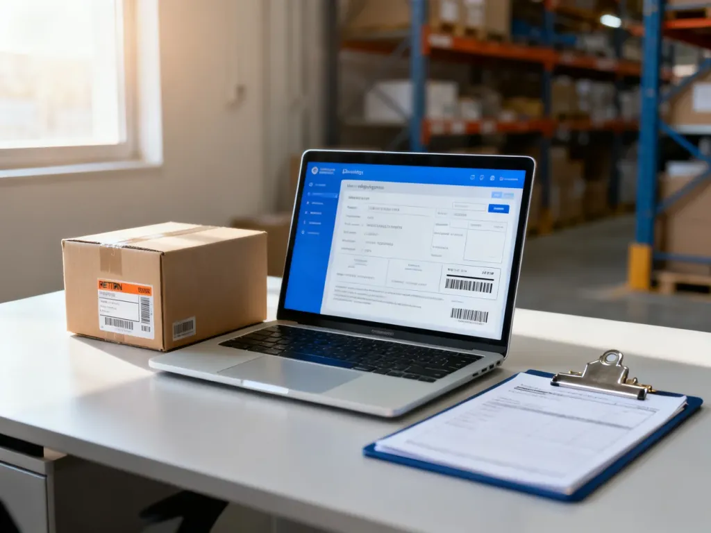 Biurko z laptopem, paczką i etykietą zwrotną, symbolizujące profesjonalny proces obsługi zwrotów w dropshippingu.