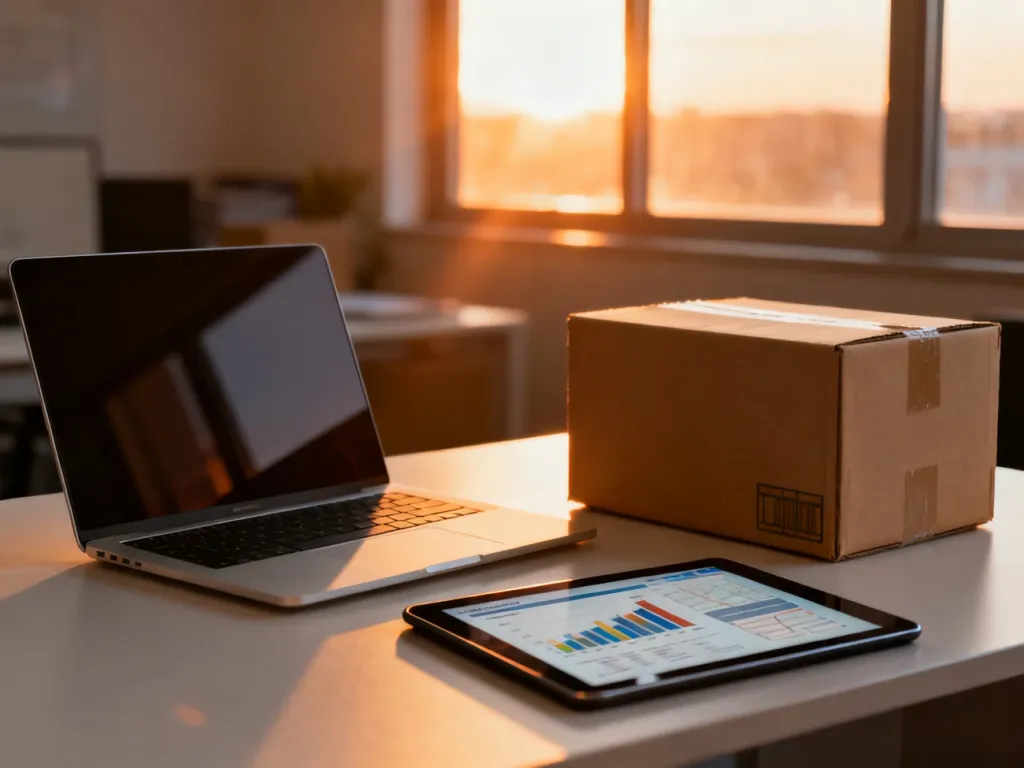 Nowoczesne stanowisko pracy z laptopem, tabletem z wykresami logistycznymi oraz kartonem, symbolizujące e-commerce i wysyłkę.