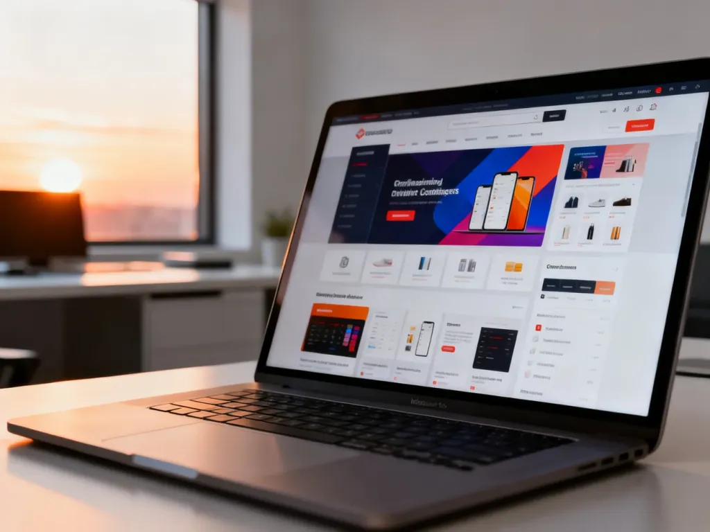 Nowoczesny laptop z interfejsem sklepu internetowego na ekranie, prezentujący różnorodne układy szablonów w biurowym wnętrzu.