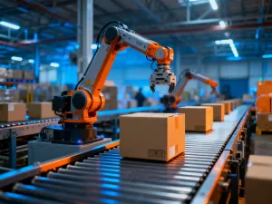 Nowoczesne stanowisko pracy z laptopem wyświetlającym wykresy logistyczne, symbolizujące automatyzację dropshippingu.
