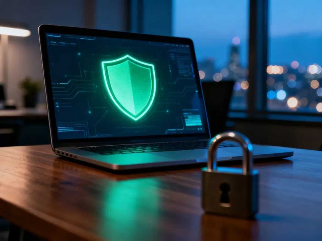 Laptop z ikoną tarczy na ekranie, symbolizujący bezpieczeństwo konta reklamowego w profesjonalnym biurze.