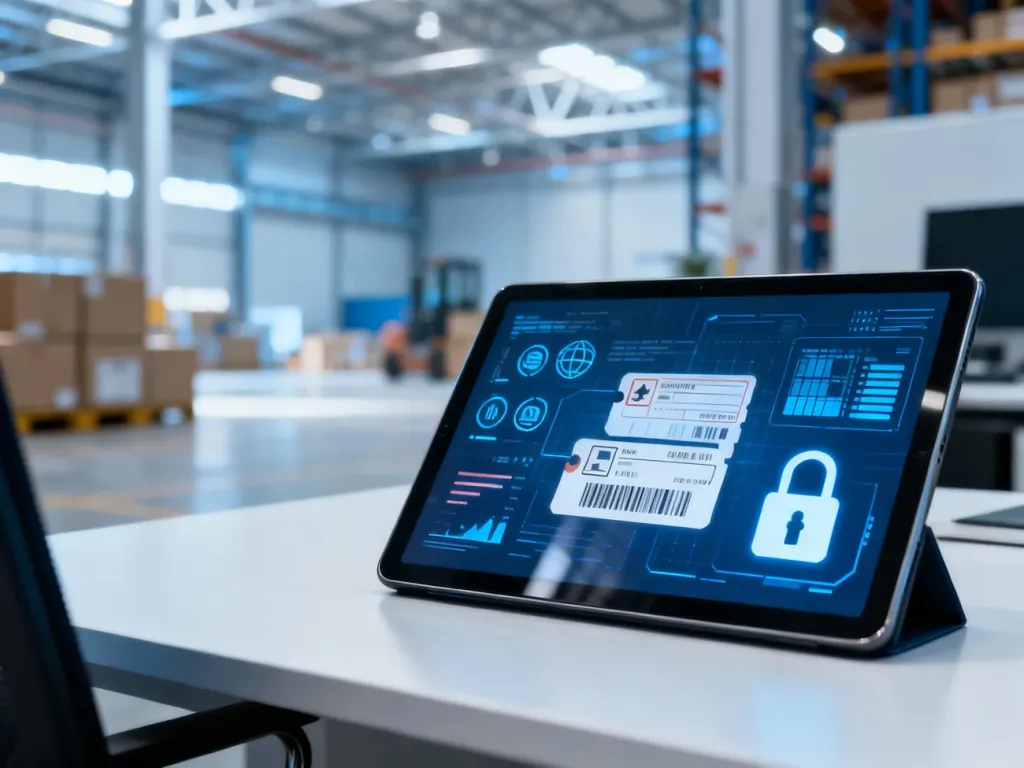 Tablet z ikonami danych logistycznych i symbolem kłódki na tle magazynu, symbolizujący bezpieczne przetwarzanie danych w dropshippingu.