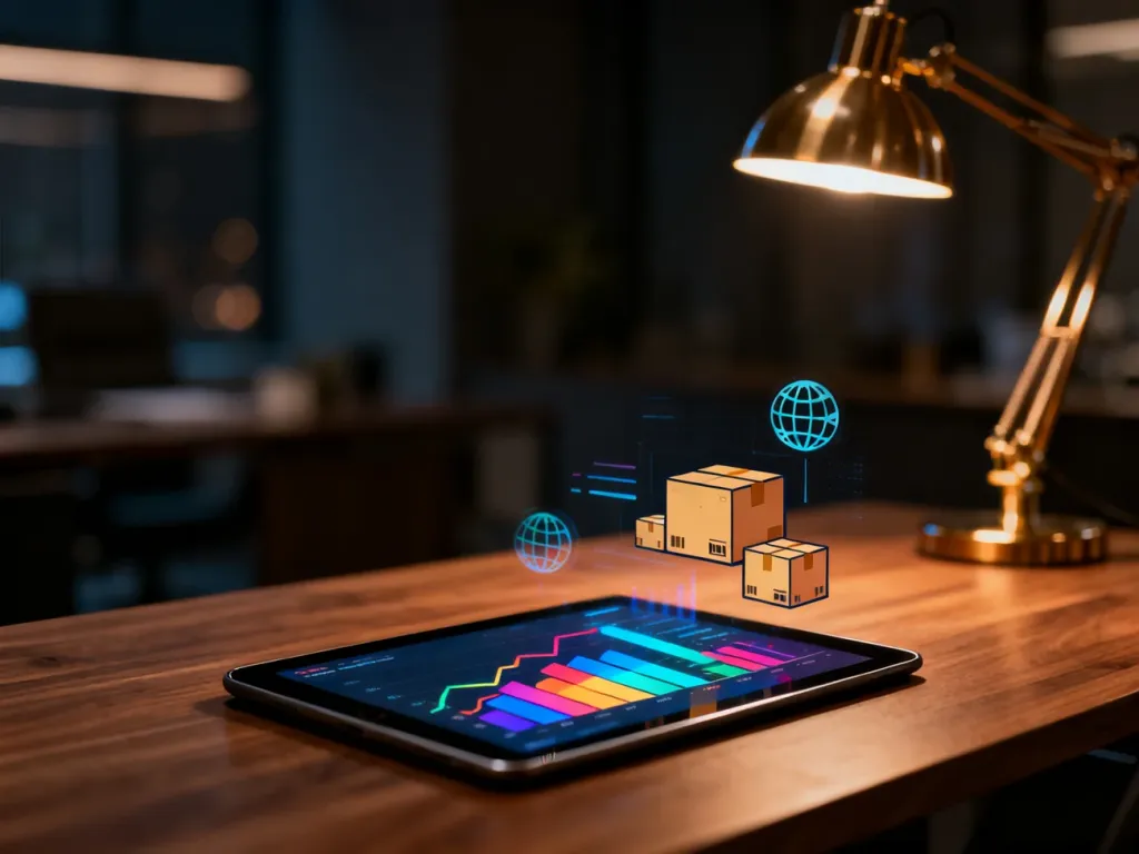 Tablet z wykresami sprzedaży i ikonami logistyki na biurku, symbolizujący nowoczesny handel w dropshippingu.