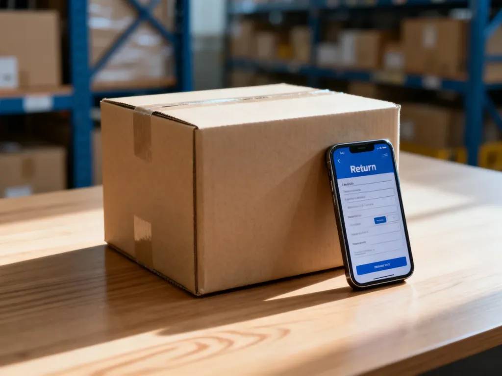 Kartonowe pudełko wysyłkowe oraz smartfon z formularzem zwrotu na drewnianym biurku, symbolizujące proces reklamacji.