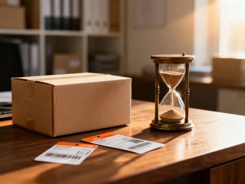 Klepsydra i puste pudełko na biurku symbolizujące czas oczekiwania na rozpatrzenie reklamacji w dropshippingu.