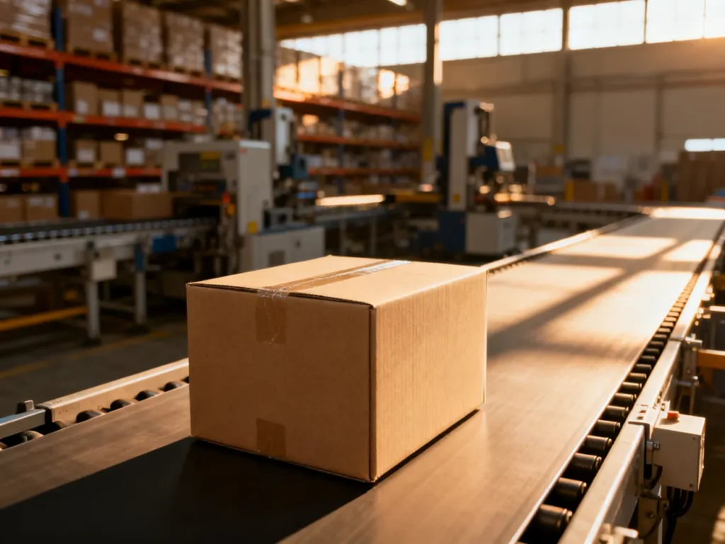 Kartonowe pudełko na taśmie produkcyjnej w nowoczesnym centrum logistycznym, symbolizujące szybką realizację zamówień.