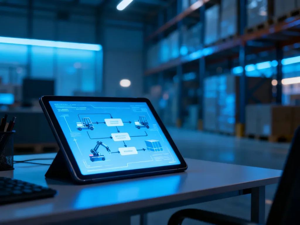 Tablet z wyświetlonym schematem automatyzacji procesów logistycznych na tle nowoczesnego, oświetlonego magazynu.