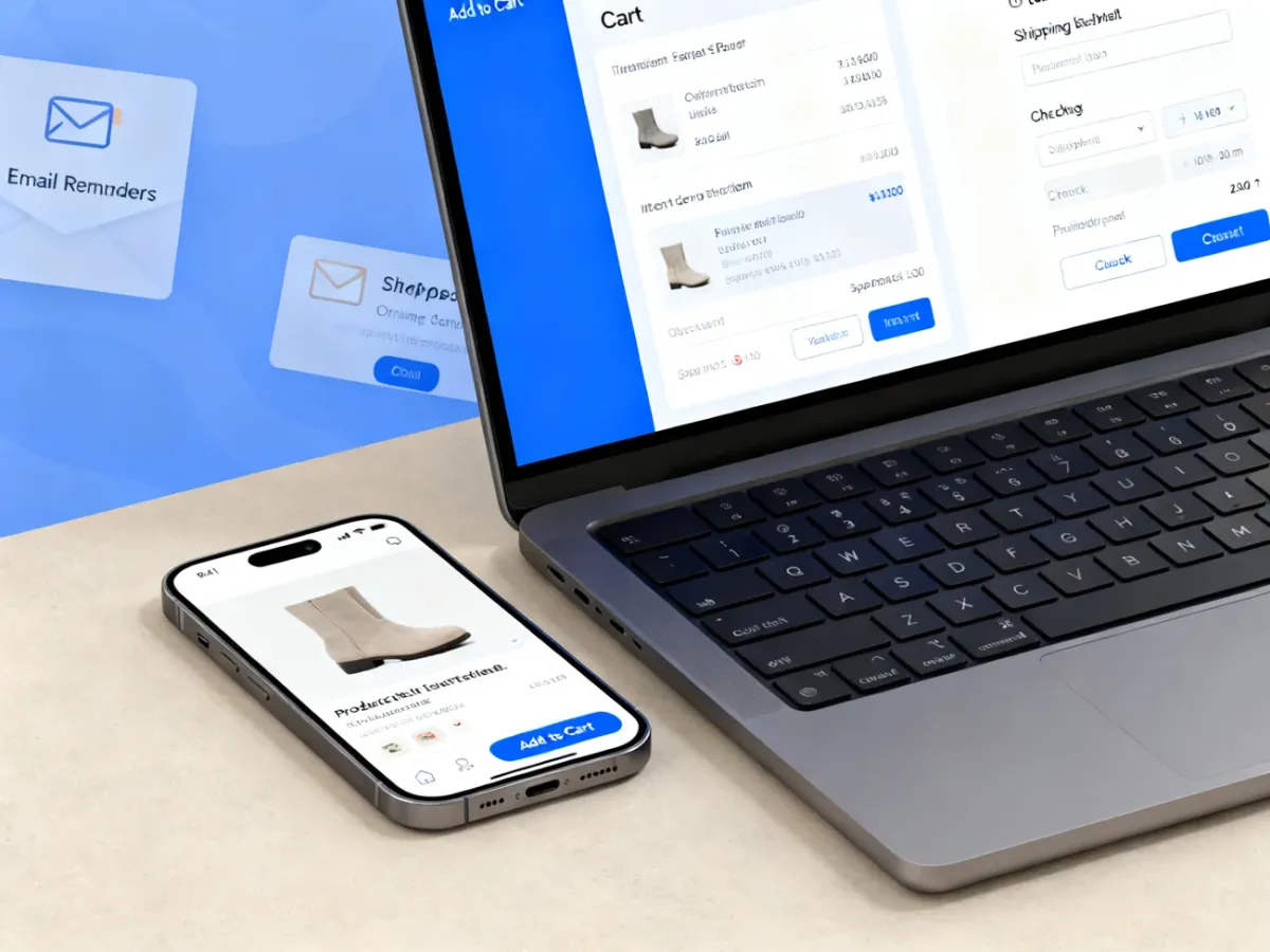 Smartfon i laptop przedstawiające kolejne etapy ścieżki zakupowej w sklepie internetowym