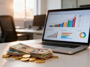 Waga z megafonem i lupą symbolizuje wybór między reklamą a organicznym zasięgiem w strategii e-commerce na tle wykresów wzrostu.