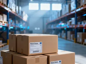 Holograficzne ikony wyszukiwarki i mediów społecznościowych nad biurkiem, symbolizujące strategię marketingu e-commerce.