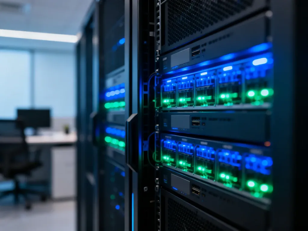 Nowoczesny serwer z podświetleniem LED, symbolizujący automatyczną synchronizację danych produktowych w sklepie internetowym.