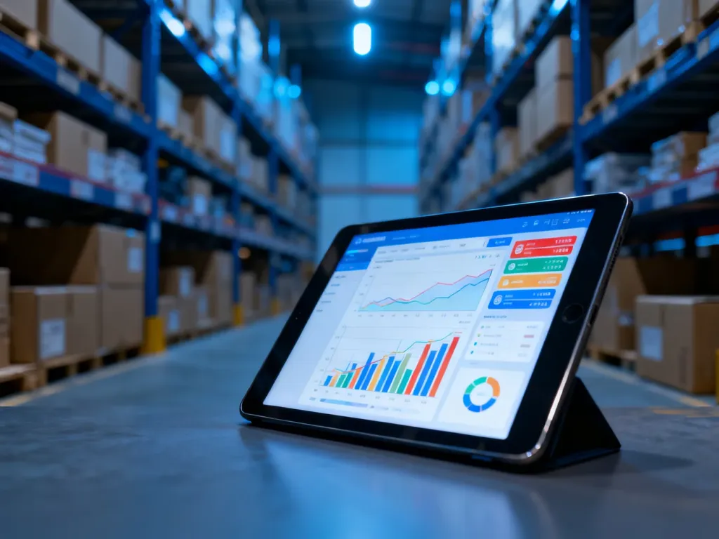 Tablet z oprogramowaniem do zarządzania stanami magazynowymi na tle nowoczesnego centrum logistycznego.