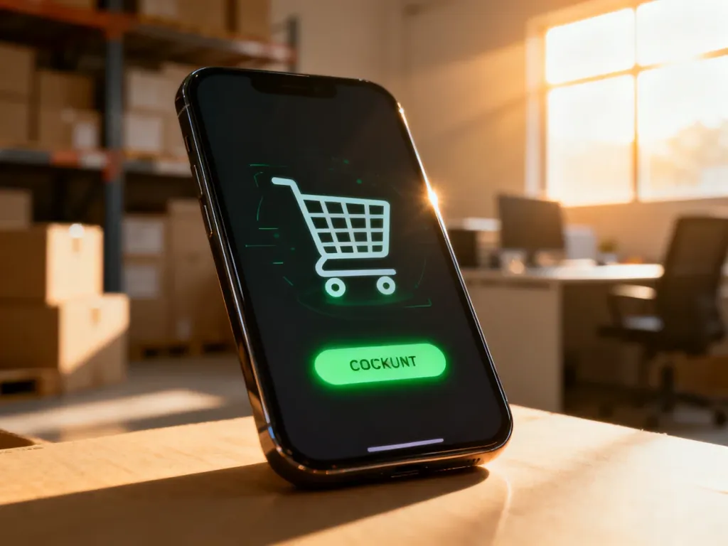 Smartfon z ikoną koszyka zakupowego i przyciskiem finalizacji zamówienia w nowoczesnym biurze e-commerce.
