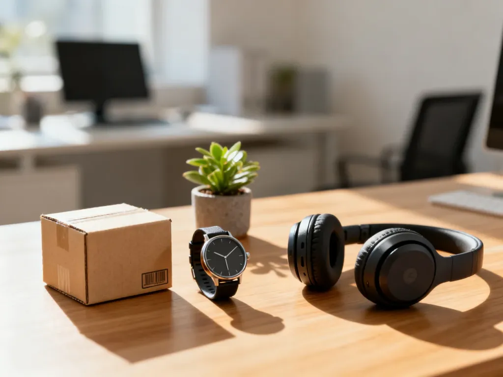Różnorodne produkty e-commerce, takie jak elektronika i akcesoria, ułożone na biurku jako inspiracja dla dropshippingu.