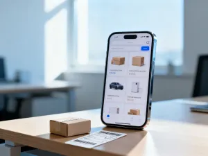 Stanowisko do testowania produktów w dropshippingu: waga, paczka i smartfon z analityką na tle magazynu.